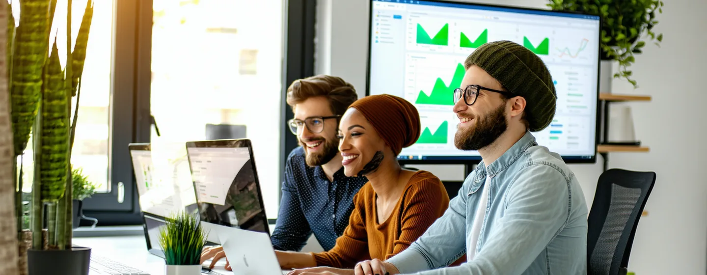 Customer support team at their workstations looking at screens showing resolved ticket queues